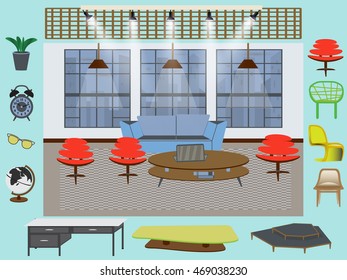 Furniture interior decor elements and room design, Modern office interior design with a desktop, Furniture elements, vector illustration