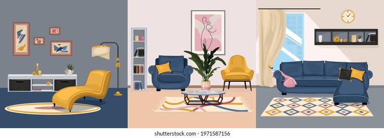 Furniture interior design concept with set of square compositions with views of interiors with designer furniture vector illustration