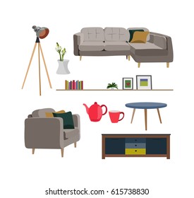 furniture and interior design elements collection.floor lamp, sofa, cabinet, table, vase, shelf, coffee. Living room.picture frames.cute and realistic.modern contemporary minimalistic.arty stylish.