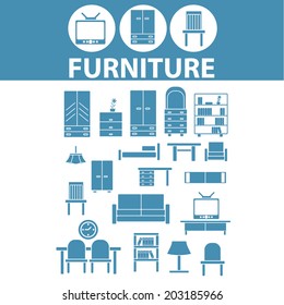 furniture, interior design icons, signs, symbols set, vector