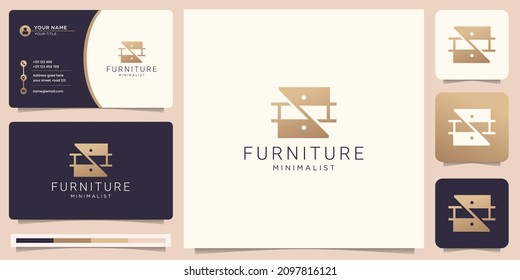 Furniture and interior design logo template. creative furniture gold color and business card.