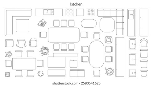 Furniture for interior design plan or scheme. Vector flat cartoon, schematic top view, isolated objects for kitchen. Cabinets and appliances, table with chairs and sinks, sofas and houseplants