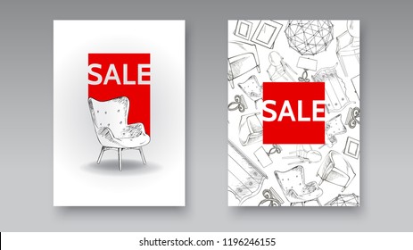 furniture and interior detail store, apartment, promotion, sale, ads, banner sketch hand drawn vector