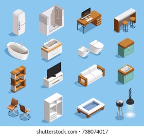 Furniture interior elements isometric set of stylish isolated domestic furniture and household appliance images with shadows vector illustration