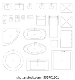 Furniture and interior elements line symbols for bathroom. Set of interior icons in top view. 