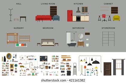 Furniture interior elements. Vector icons set of furniture and accessories in flat style.