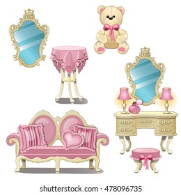 Furniture for interior girl room in pink color. Vector illustration.