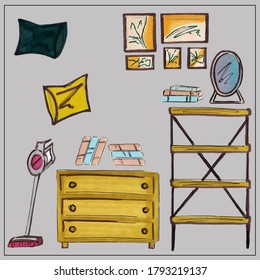 Furniture. Interior. Household items. Isolated vector objects from the set about the house, apartment, interior design, comfort. Chest of drawers, armchair, potted flowers, rack, paintings. 