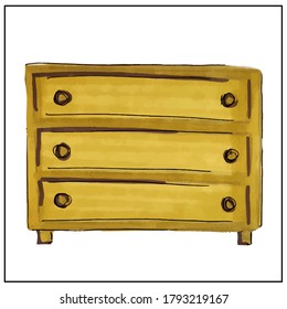 Furniture. Interior. Household items. Isolated vector objects from the set about the house, apartment, interior design, comfort. Chest of drawers, armchair, potted flowers, rack, paintings. 