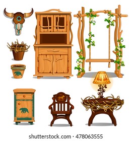 Furniture for interior of the hut of a Forester or the lair of the hunter. Vector illustration.