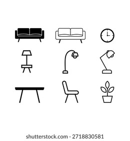 Furniture interior icon set vector with sofa lamp table chair clock and plant symbols for home decoration design and modern living room elements