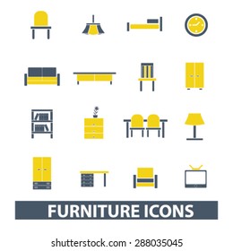 furniture, interior icons, signs, illustrations set, vector
