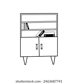 Furniture, interior item. Bookcase with legs and storage drawers, books on shelves. Drawn in vector with a black outline on a white background. Suitable for printing on paper, for design, scrapbooking