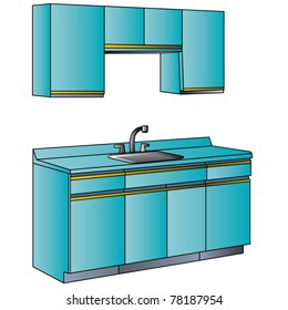 Furniture for interior of the kitchens of the blue color.