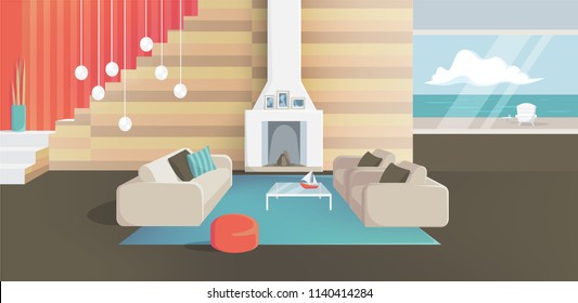 Furniture. Interior. Living room with couches, table, lamps, pictures, carpet, window, chimney, stairs. Vector illustration.