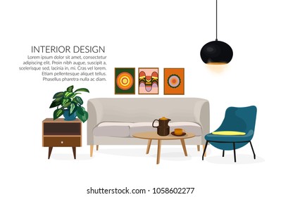 Furniture. Interior. Living room with sofa, table, lamp, pictures, mirror. sitting room with id century modern style. vector interior design illustration.