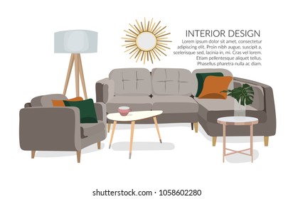 Furniture. Interior. Living room with sofa, table, lamp, pictures, mirror. sitting room with id century modern style. vector interior design illustration.