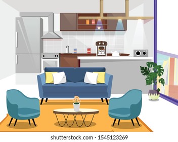 Furniture. Interior. Living room with sofa, table, lamp, pictures, window. Vector. kitchen set in apartment room