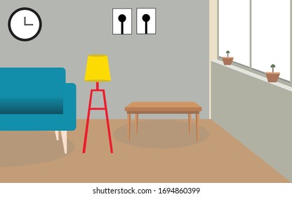 Furniture. Interior. Living room with sofa, table, lamp, pictures, window, plant. Vector