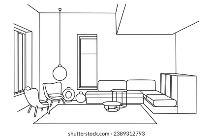 Furniture. Interior. Living room with sofa, table, lamp, pictures, window. Vector.