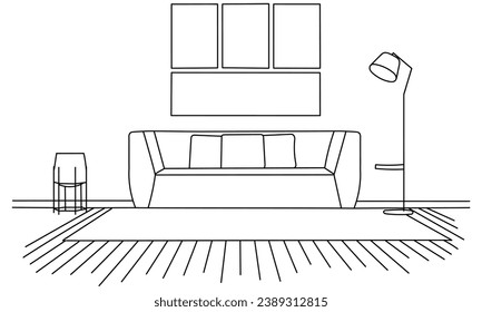 Furniture. Interior. Living room with sofa, table, lamp, pictures, window. Vector.