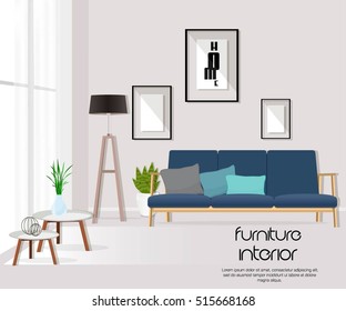 Furniture. Interior. Living room with sofa, table, lamp, pictures, window. Vector.