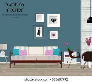 Furniture. Interior. Living room with sofa, table, lamp, pictures, window. The dining room and living room