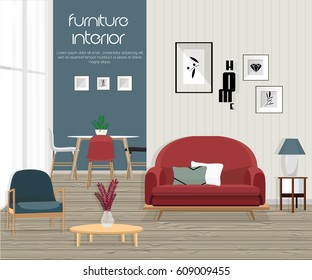 Furniture. Interior. Living room with sofa, table, lamp, pictures, window. The dining room and living room