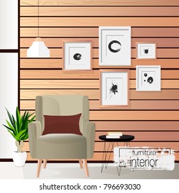 Furniture. Interior. Living room with sofa, table, lamp, pictures, window. Vector.