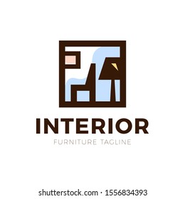 furniture interior logo with chair and old lamp hipster vintage retro vector icon illustration.