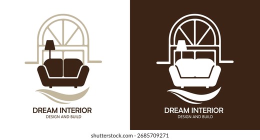 Diseño de logotipo interior de muebles con sofá e icono de lámpara