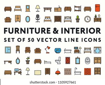 Furniture Interior Minimal Color Flat Line Icon Set. Sofa, Couch, Chair, Bra, Table, Drawer, Cabinet, Sink, Bed, Fridge, Mirror, Locker, Cactus, Pot, Clocks, Pissoir, Desk, Lamp, Aquarium, Carpet, Rug