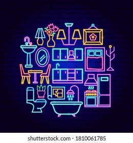 Mobiliario Interior Concepto Neon. Ilustración vectorial de la promoción plana.