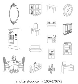 Furniture and interior outline icons in set collection for design. Home furnishings vector isometric symbol stock web illustration.