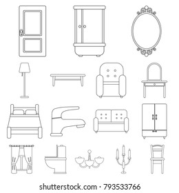 Furniture and interior outline icons in set collection for design.Home furniture vector symbol stock web illustration.