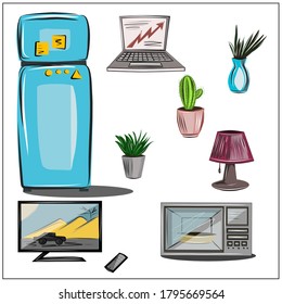 Furniture. Interior. Set about design and everyday objects. TV, microwave, refrigerator, potted flowers, cactus, lamp, laptop. Isolated vector objects.