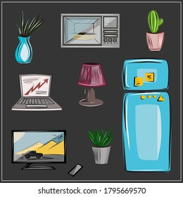 Furniture. Interior. Set about design and everyday objects. TV, microwave, refrigerator, potted flowers, cactus, lamp, laptop. Isolated vector objects.
