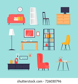 Furniture in the interior set. Flat vector illustration in cartoon style.
