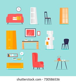 Furniture in the interior set. Flat vector illustration in cartoon style.