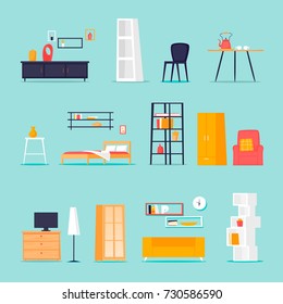 Furniture in the interior set. Flat vector illustration in cartoon style.