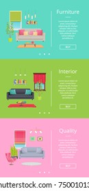 Furniture and interior, set of web pages with text sample and buy buttons below, with images of designed rooms vector illustration