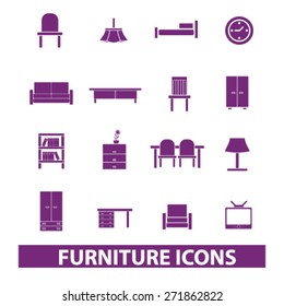 Möbel, Innen-, Tisch-, Stuhl-, Sofa, TV, Schrank, Bibliothekssymbole, Zeichen, Illustrationsset, Vektorgrafik