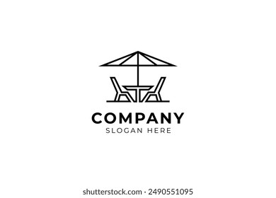 furniture interior table and chairs logo with umbrella decoration in linear design style