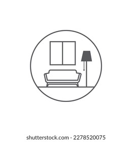 Logo del mobiliario interior, vector. Lámpara de pie, ventanas, sofá.