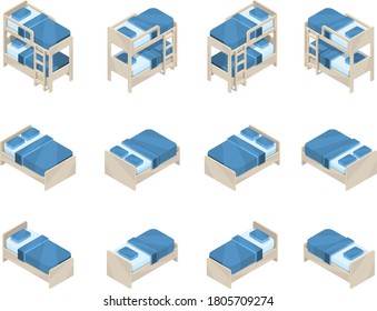 Furniture in isometric projection. Large beautiful set of new double, single and bunk beds. Vector illustration without background, isolate for game design and websites.