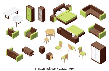 Furniture isometric set with isolated icons of designer furniture with armchairs cabinets with mirrors and tables vector illustration