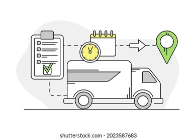 Furniture Item Delivery with Lorry Transporting Freight and Point of Destination Line Vector Illustration