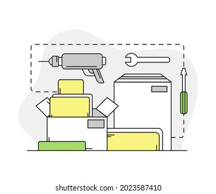 Furniture Items Assembling with Drill and Screwdriver Line Vector Illustration