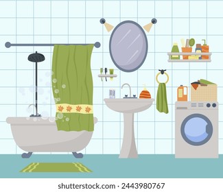 Furniture items for bathroom interior. Bath with curtain, sink and mirror, washing machine. Towels and laundry basket. Hygiene items - shampoo, shower gel, soap. Flat vector.