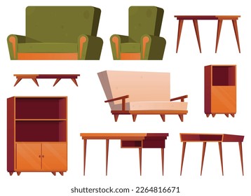 Furniture items in cartoon style. Collection of wooden wardrobe, chair, table, desk and armchair vector illustration isolated on white